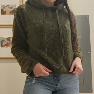 Olive Green Women's Fleece Teddy Crop Hoodie